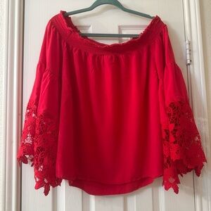 Lane Bryant Red Off The Shoulder Lace Sleeve Blouse